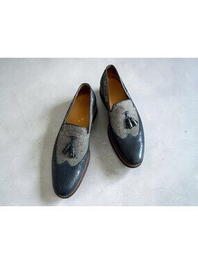 PAUL FREDERICK Men’s Navy Blue Leather Patterned Tassle Loafers Size 13